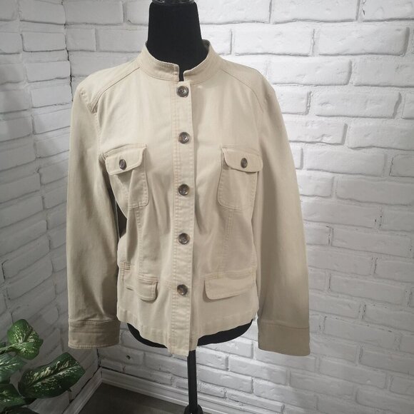 Talbots Petites Stretch Ladies Tan Size 14 Button Front Jacket - Picture 1 of 11